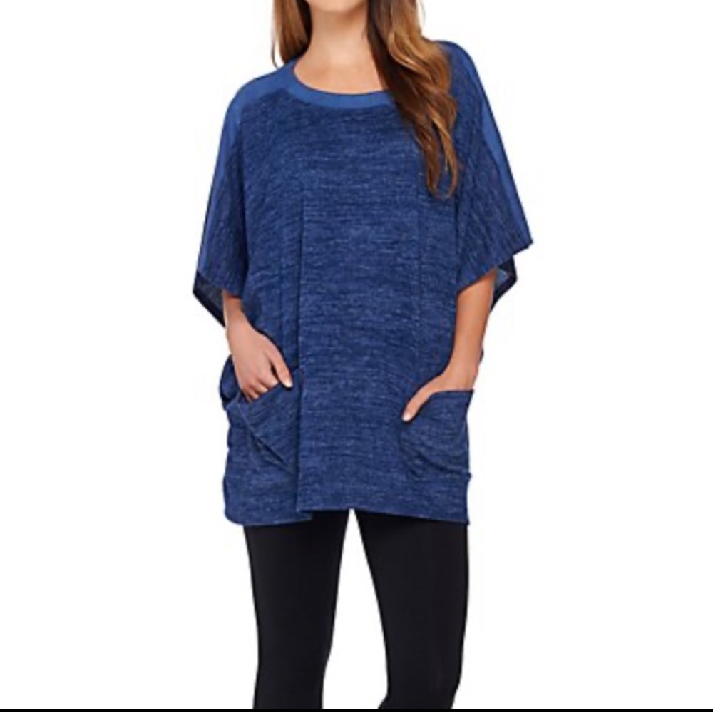 LOGO by Lori Goldstein Sweater Knit Poncho Faux Suede Trim & Pockets Blu… - Picture 5 of 11